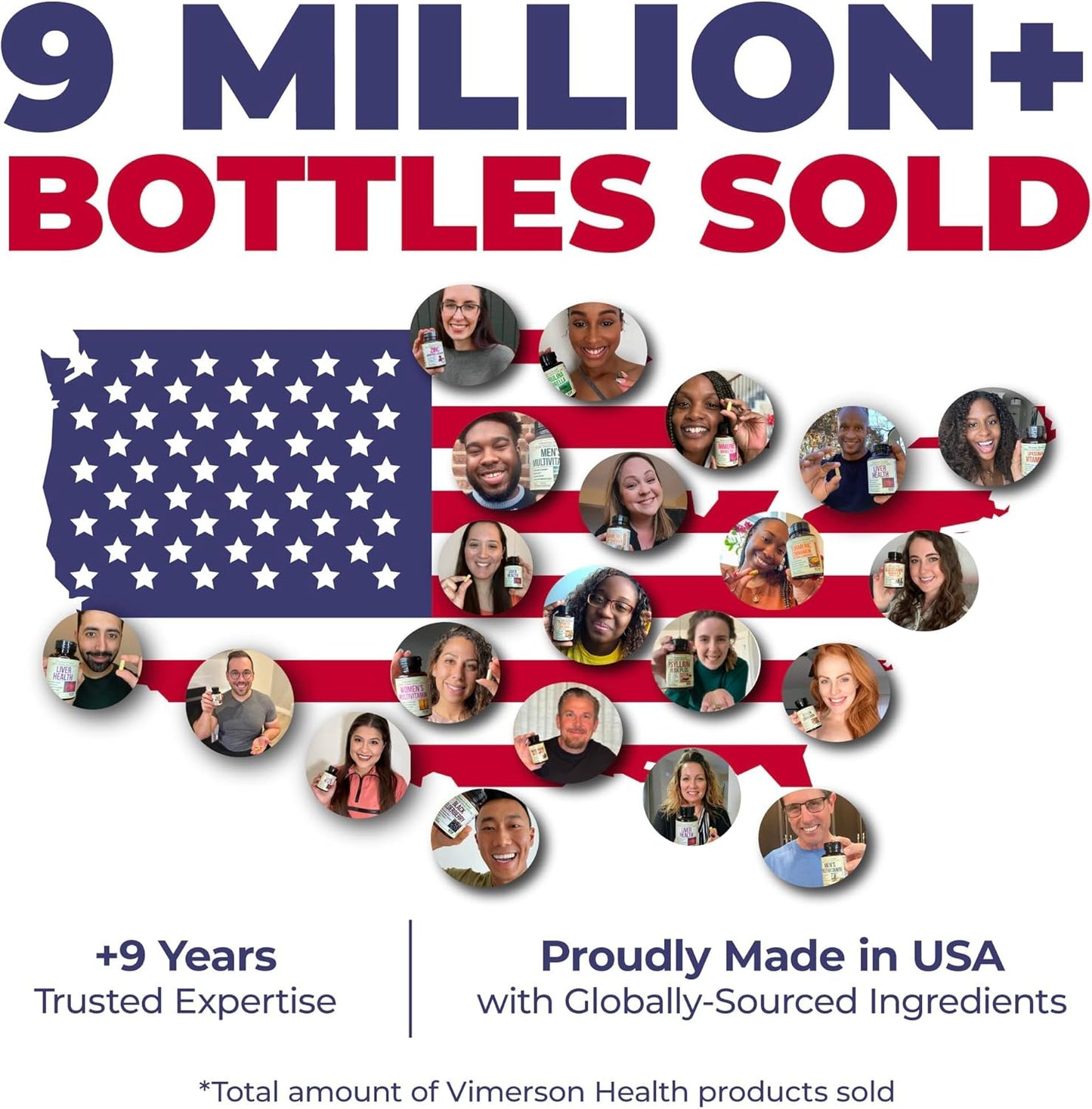 Promotional graphic celebrating the sale of over 9 million bottles of Vimerson Health products, featuring an American flag design with product images.
