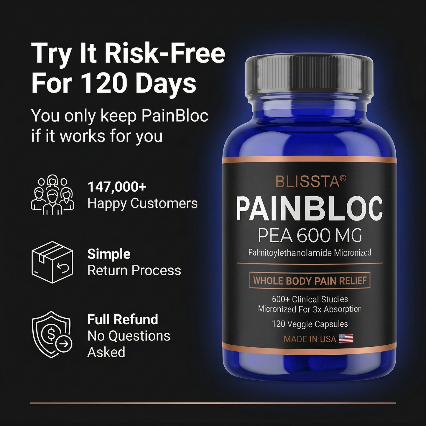Blissta PainBloc bottle on dark background