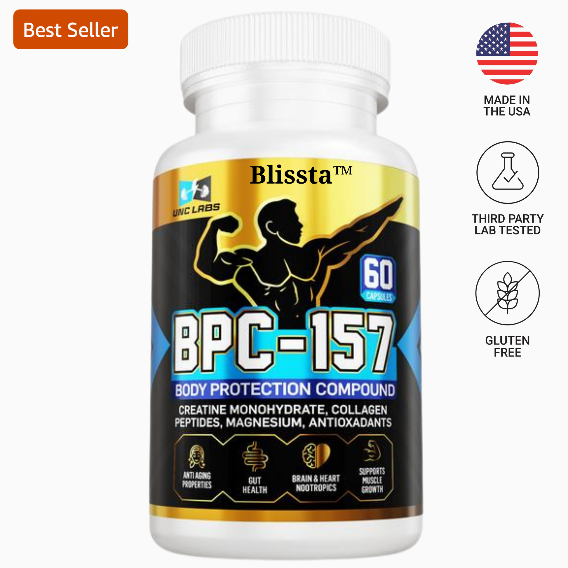 Bottle of Blissta BPC-157 supplement with branding and certification logos on a white background