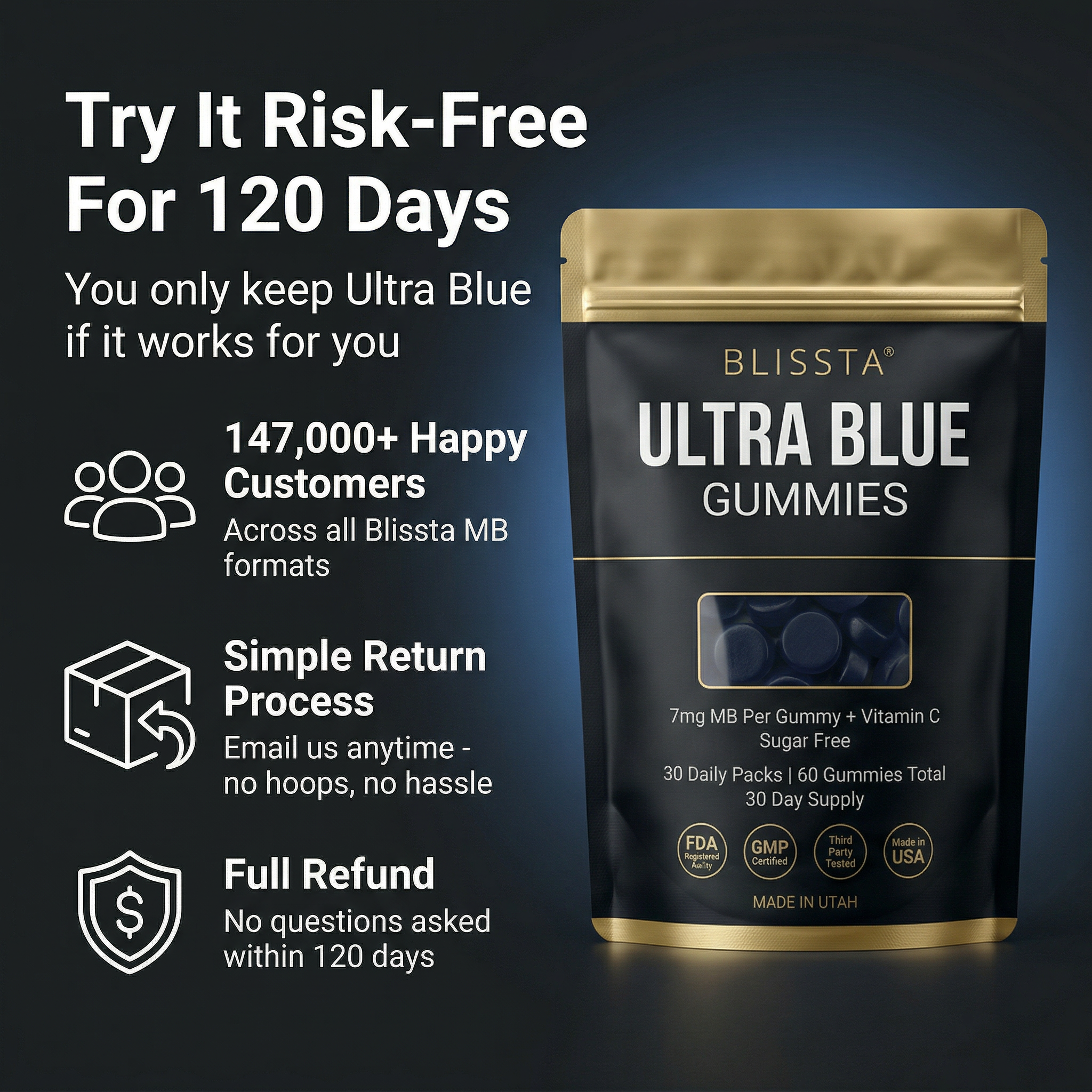 Blissta Ultra Blue Gummies 120-Day Guarantee
