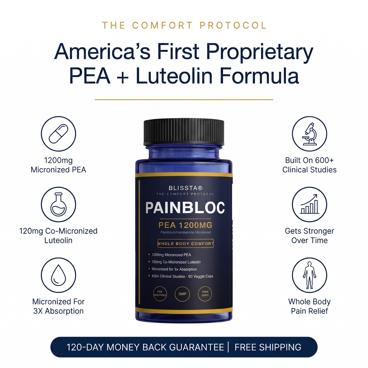 Blissta PainBloc micronized PEA 600mg bottle